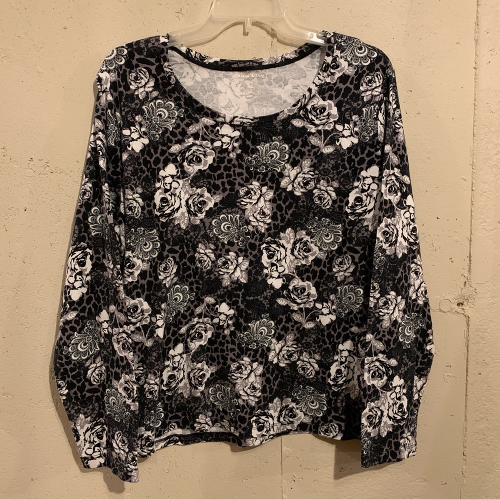 100% Cotton Floral Long Sleeve Shirt White Stag Black White Top Size XXL